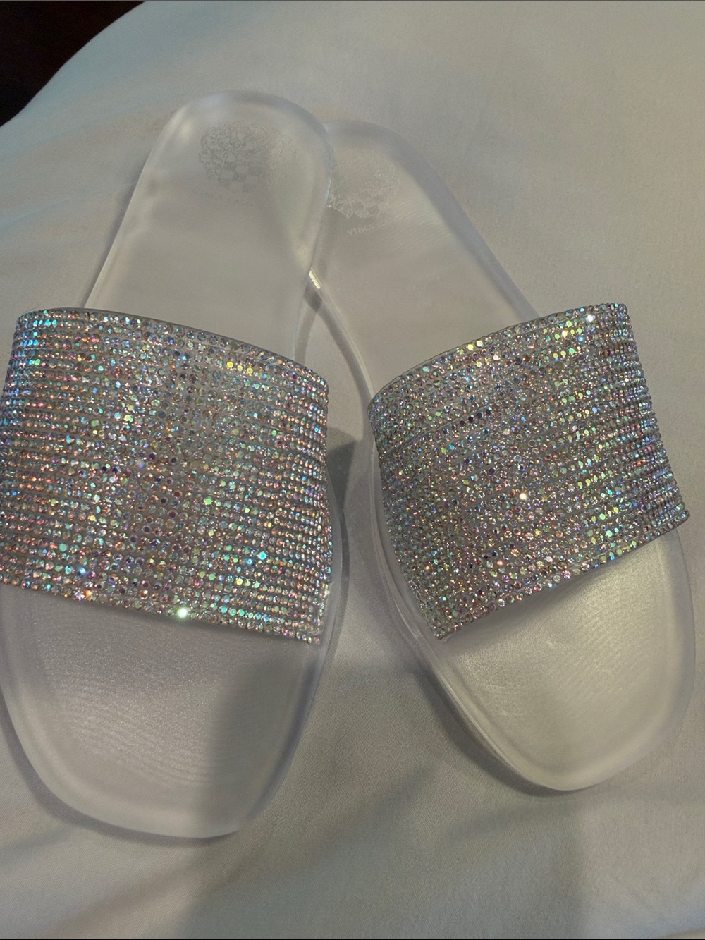 Vince Camuto Clear Slide Sandals with Iridescent Crystal Strap